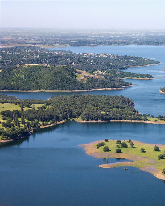 Aerial view of Folsom Lake and the oak-covered foothills near Folsom, California